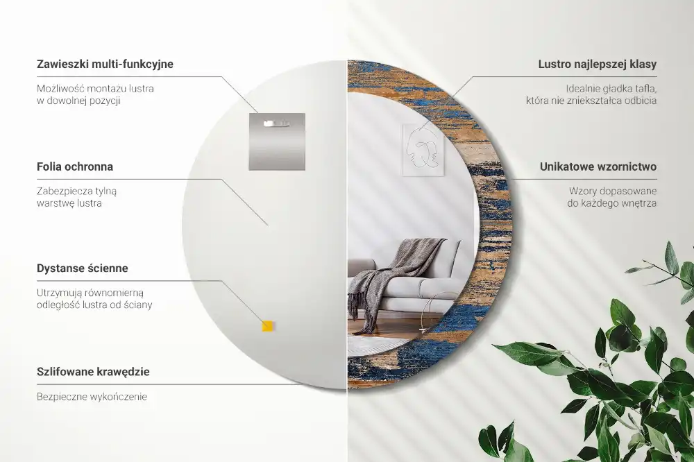 Oglindă decorativă rotundă cu ramă din lemn abstract