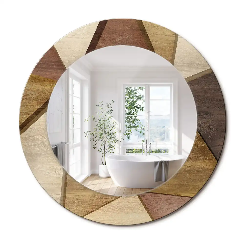 Oglindă rotundă de perete cu decor geometric 3D din lemn