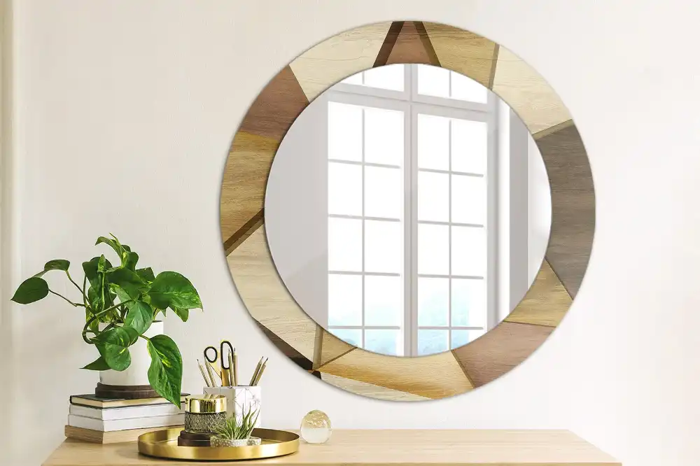Oglindă rotundă de perete cu decor geometric 3D din lemn