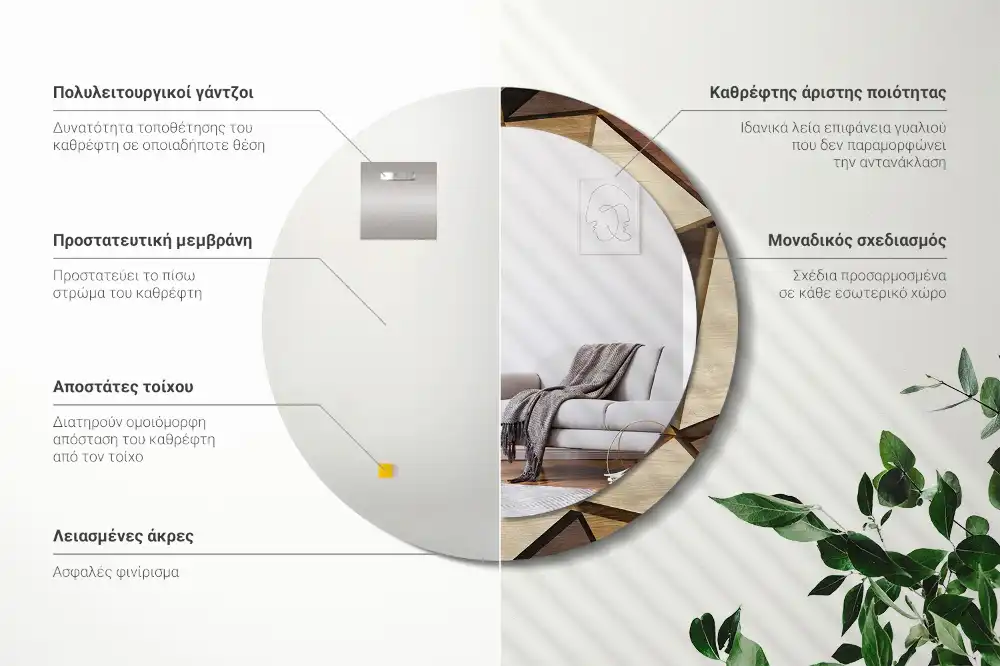 Oglindă rotundă de perete cu decor geometric 3D din lemn