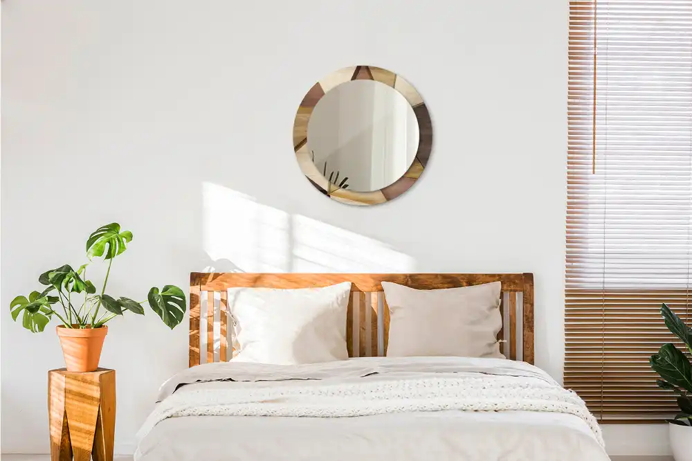 Oglindă rotundă de perete cu decor geometric 3D din lemn
