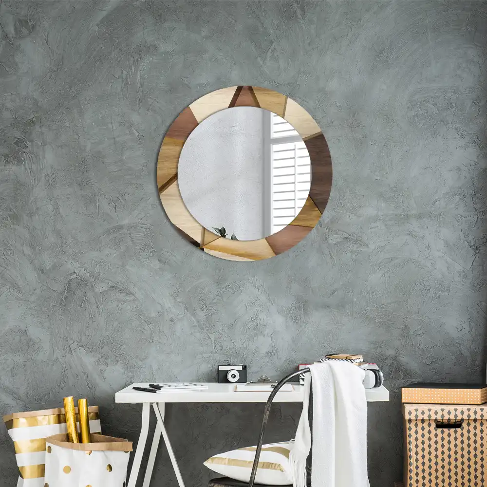 Oglindă rotundă de perete cu decor geometric 3D din lemn