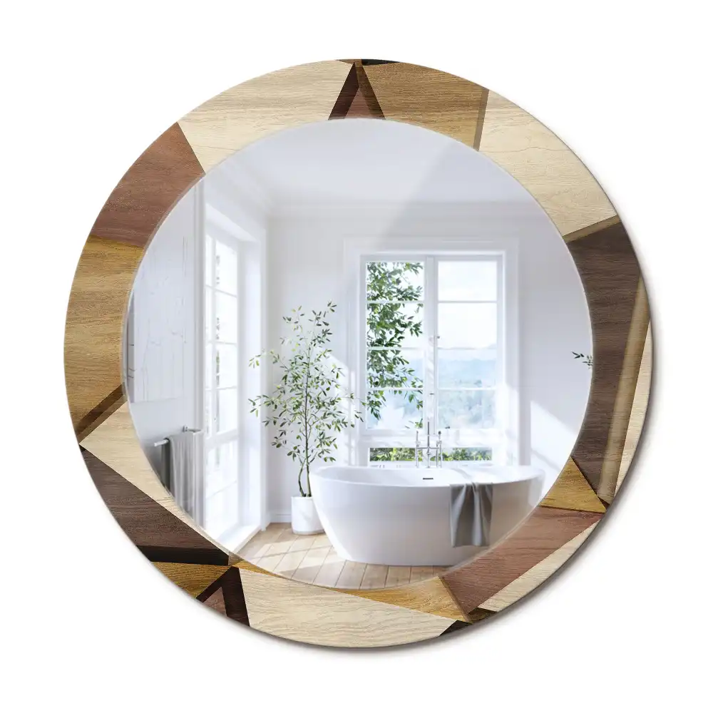 Oglindă rotundă de perete cu decor geometric 3D din lemn