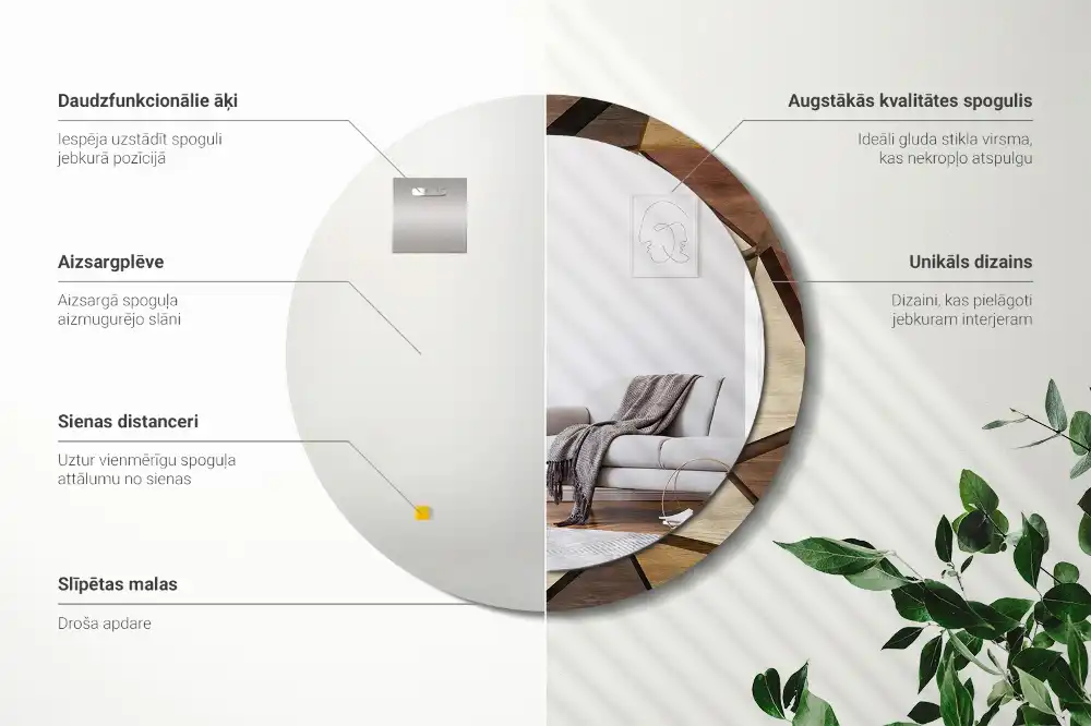 Oglindă rotundă de perete cu decor geometric 3D din lemn
