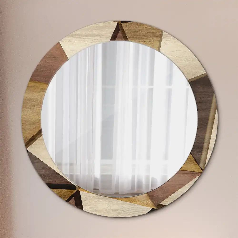 Oglindă rotundă de perete cu decor geometric 3D din lemn