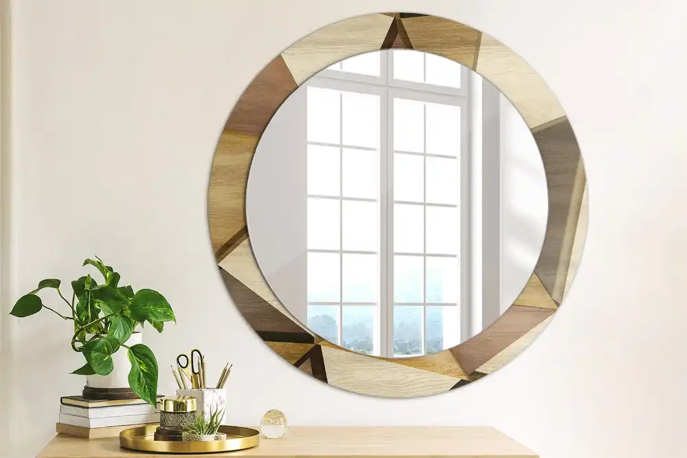 Oglindă rotundă de perete cu decor geometric 3D din lemn