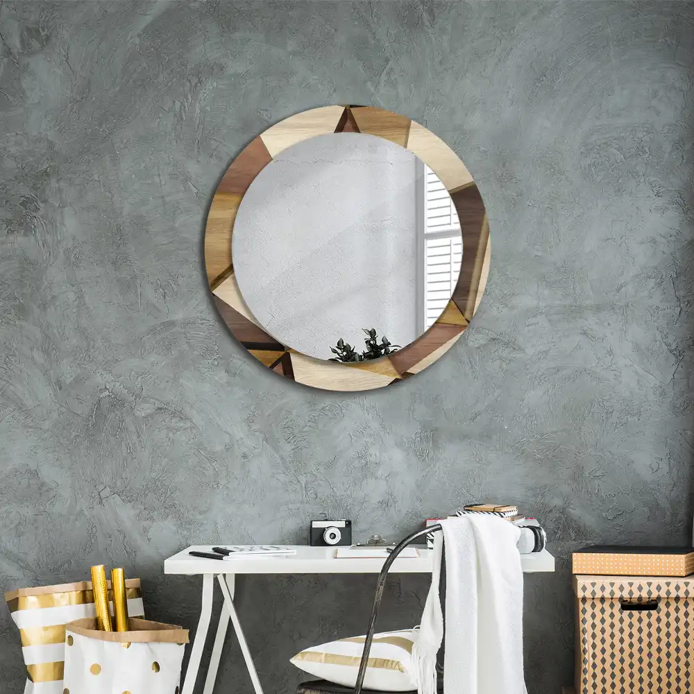 Oglindă rotundă de perete cu decor geometric 3D din lemn