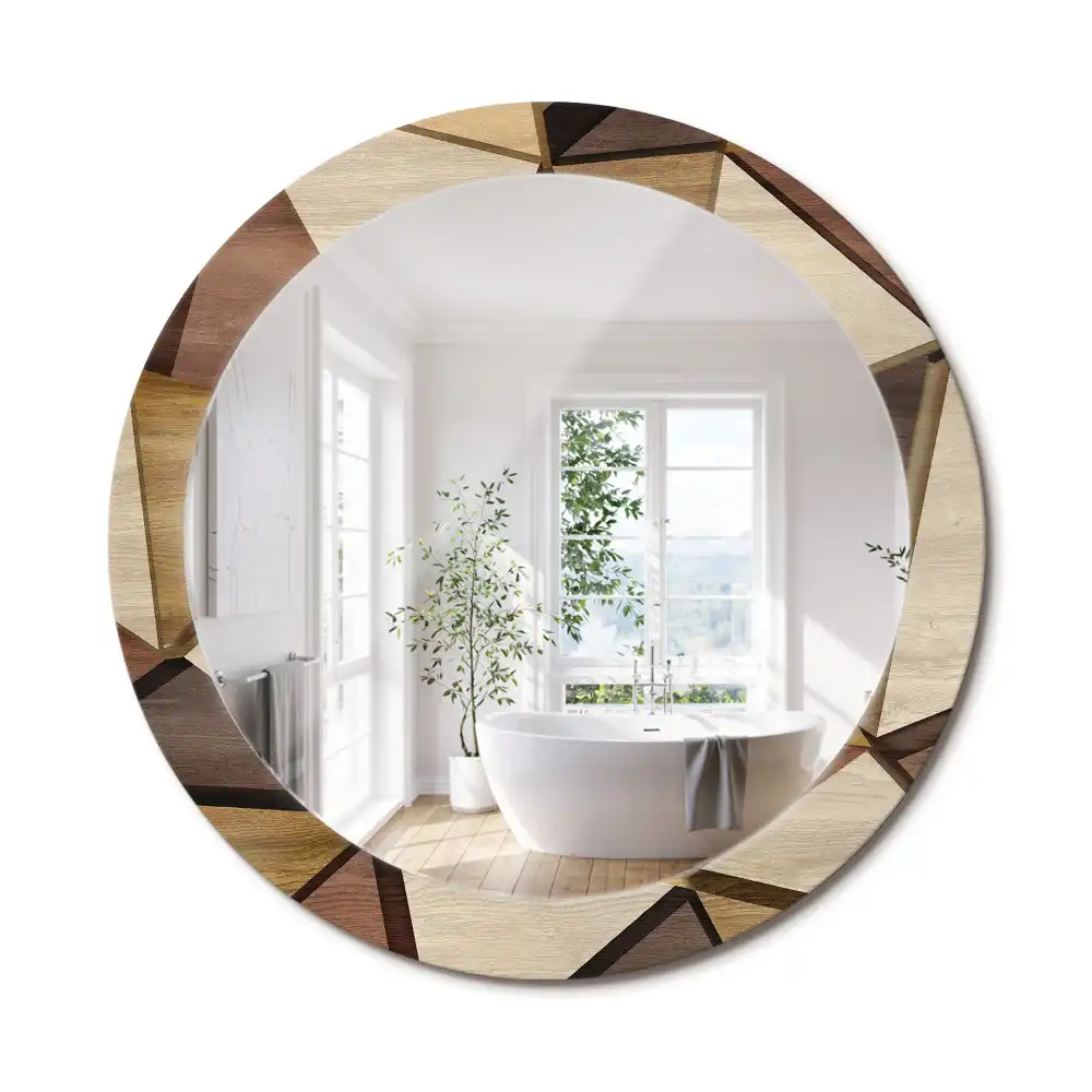 Oglindă rotundă de perete cu decor geometric 3D din lemn