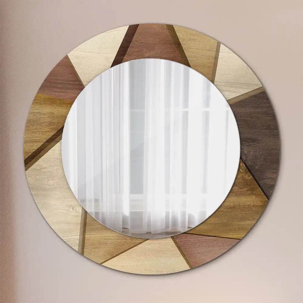 Oglindă rotundă de perete cu decor geometric 3D din lemn