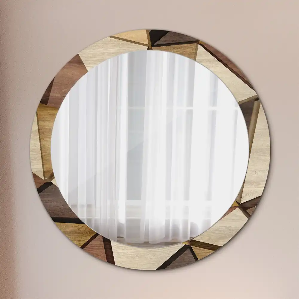 Oglindă rotundă de perete cu decor geometric 3D din lemn