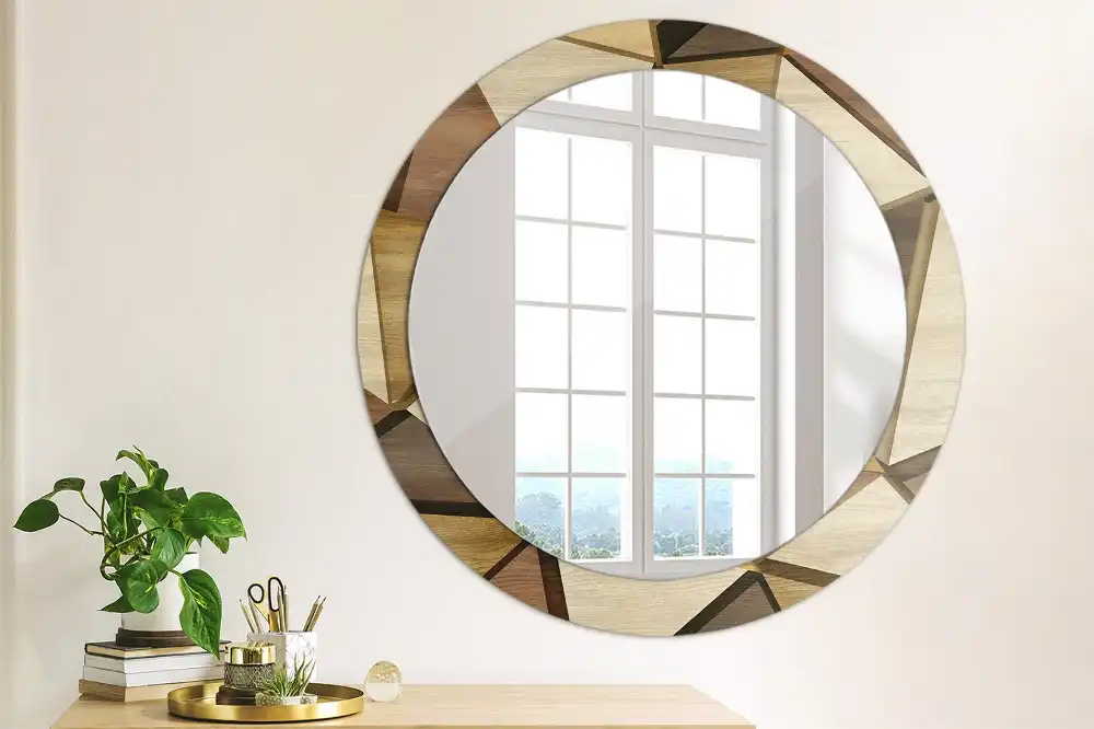 Oglindă rotundă de perete cu decor geometric 3D din lemn