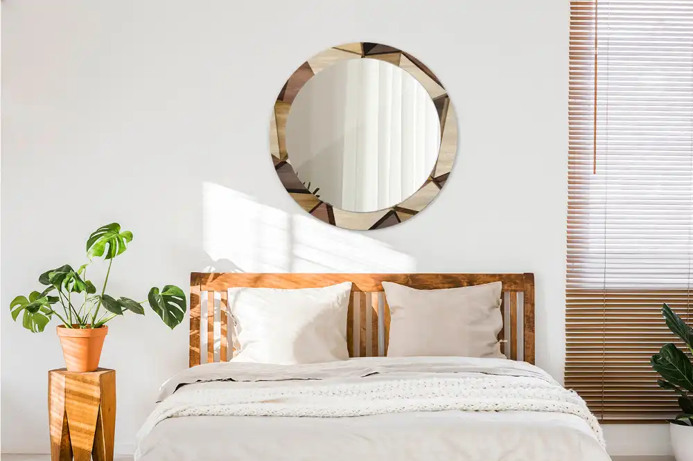 Oglindă rotundă de perete cu decor geometric 3D din lemn