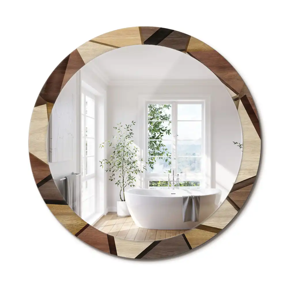 Oglindă rotundă de perete cu decor geometric 3D din lemn
