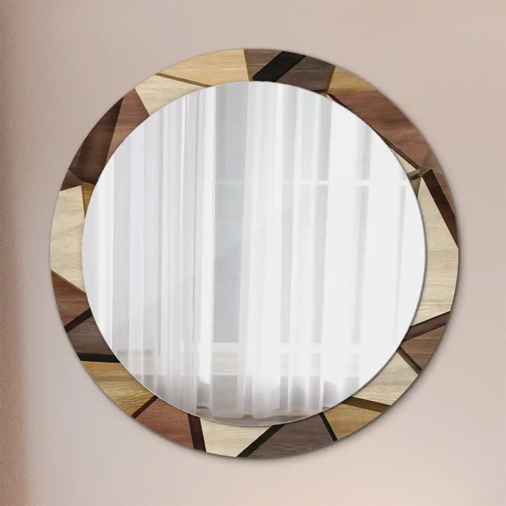 Oglindă rotundă de perete cu decor geometric 3D din lemn