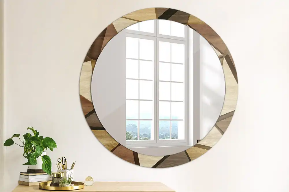 Oglindă rotundă de perete cu decor geometric 3D din lemn