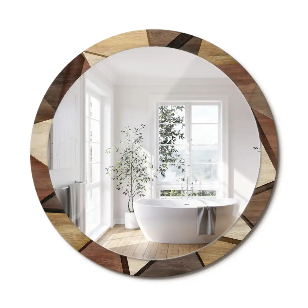 Oglindă rotundă de perete cu decor geometric 3D din lemn