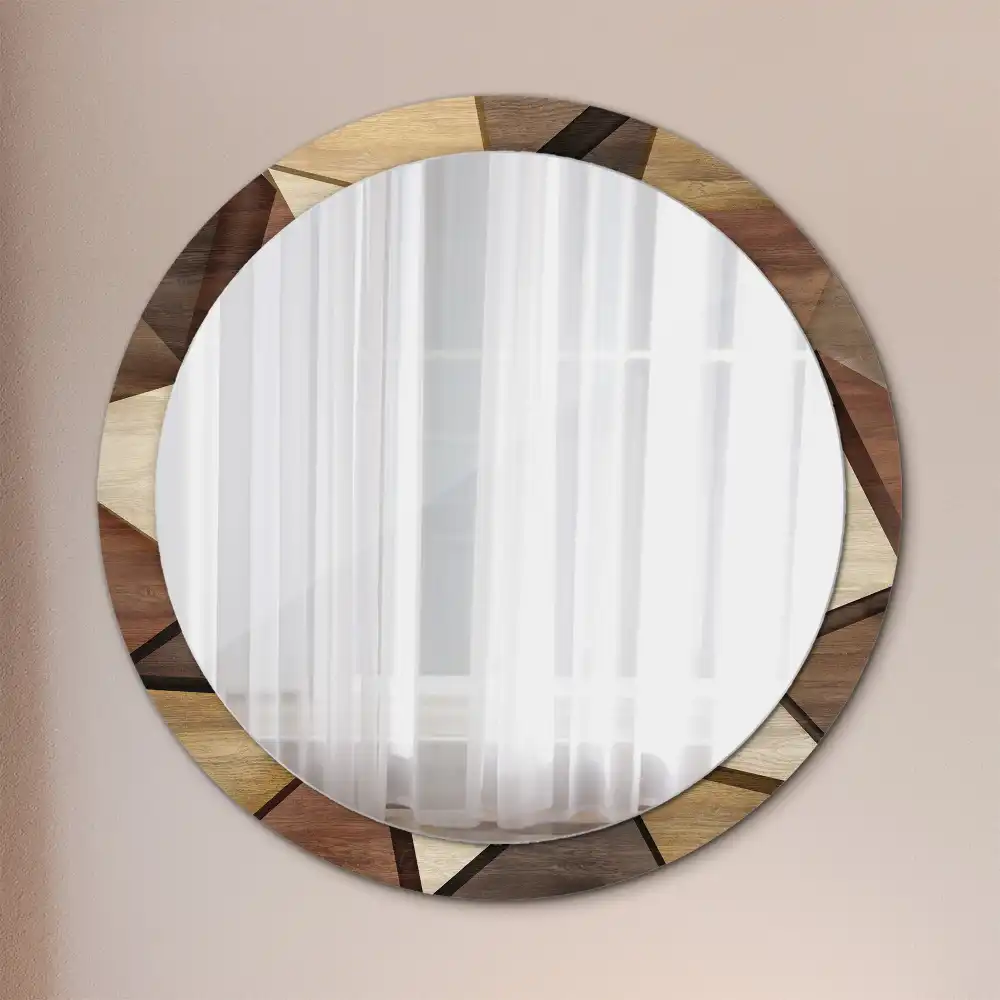 Oglindă rotundă de perete cu decor geometric 3D din lemn