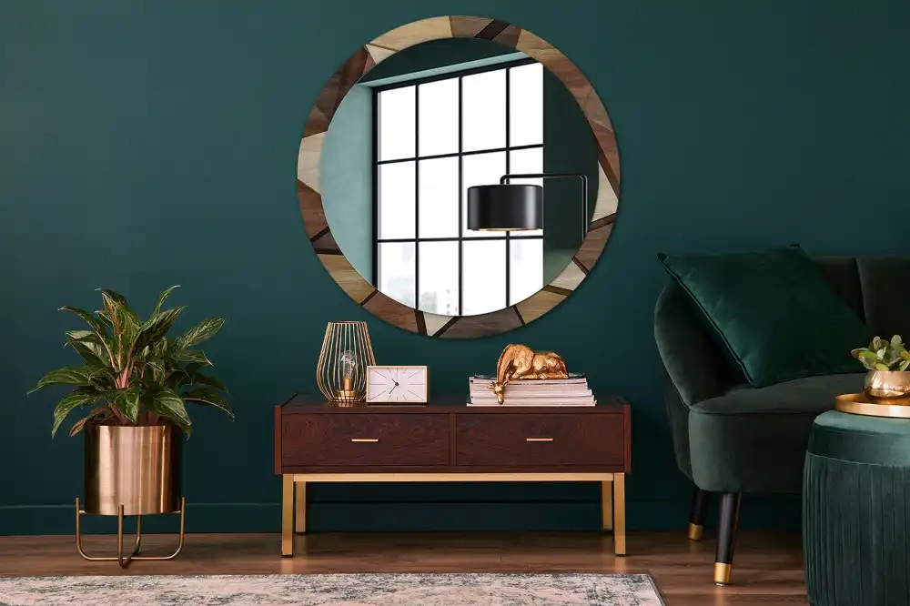 Oglindă rotundă de perete cu decor geometric 3D din lemn