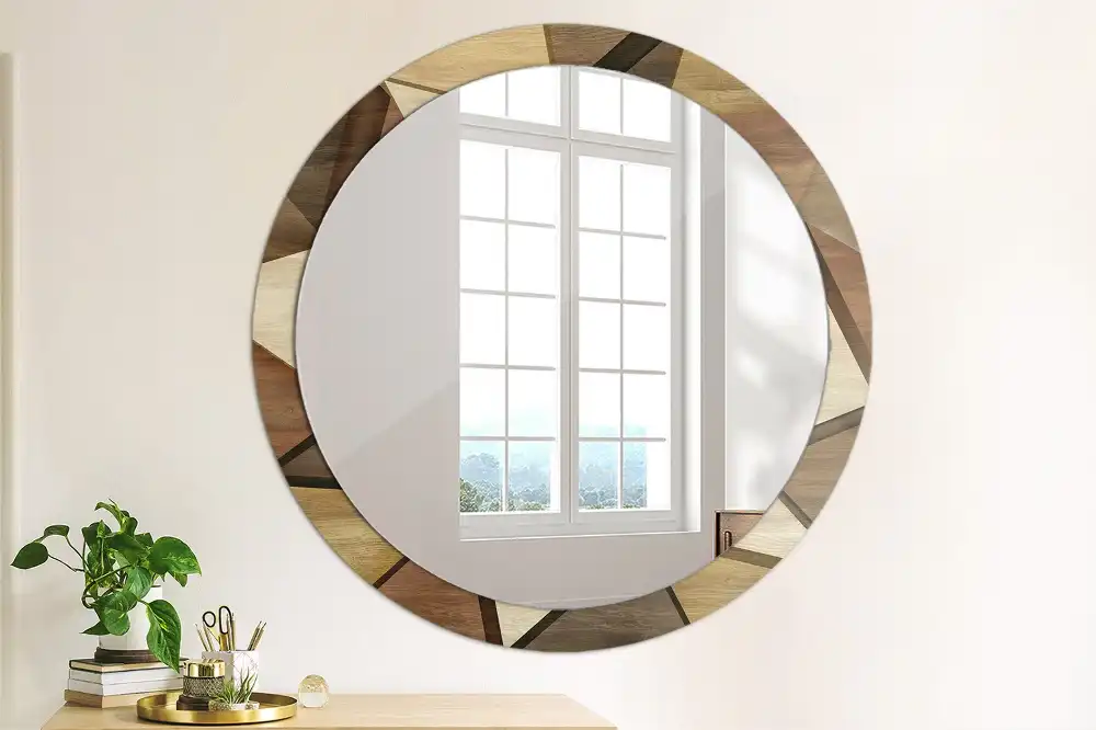 Oglindă rotundă de perete cu decor geometric 3D din lemn