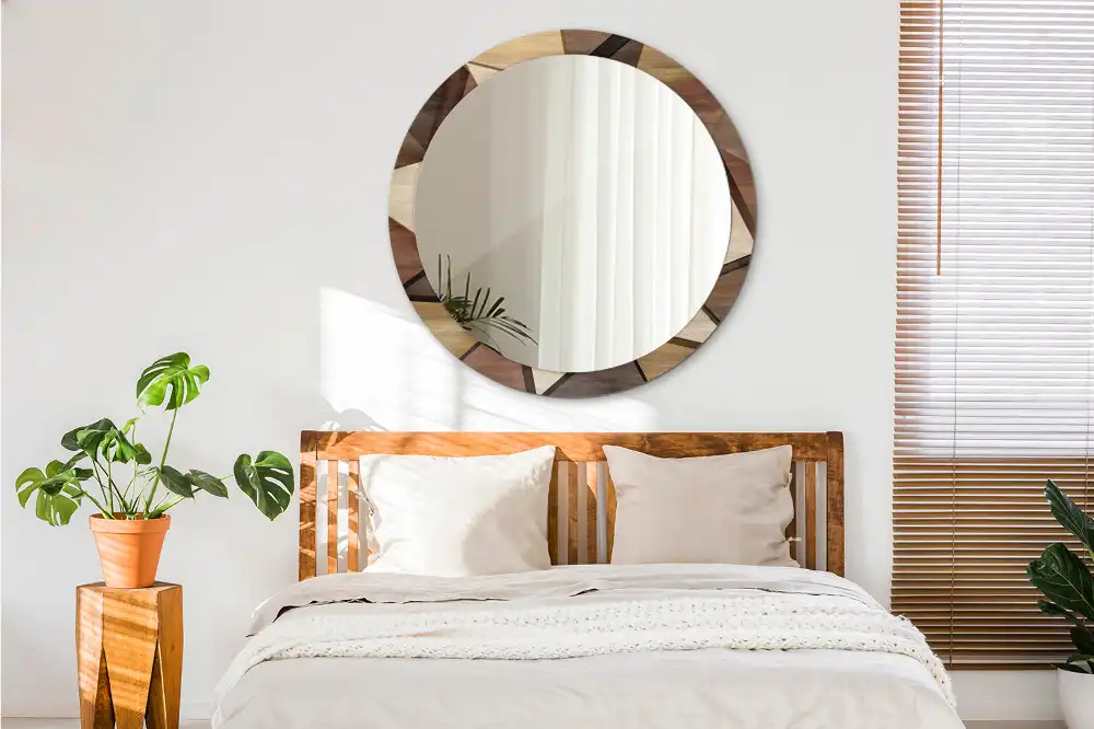 Oglindă rotundă de perete cu decor geometric 3D din lemn