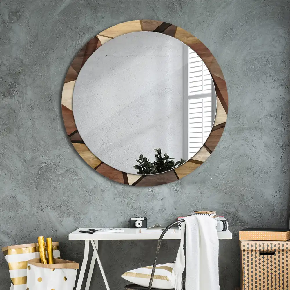 Oglindă rotundă de perete cu decor geometric 3D din lemn