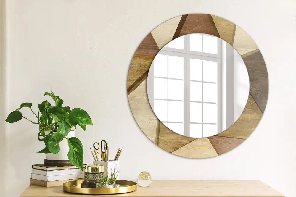 Oglindă rotundă de perete cu decor geometric 3D din lemn