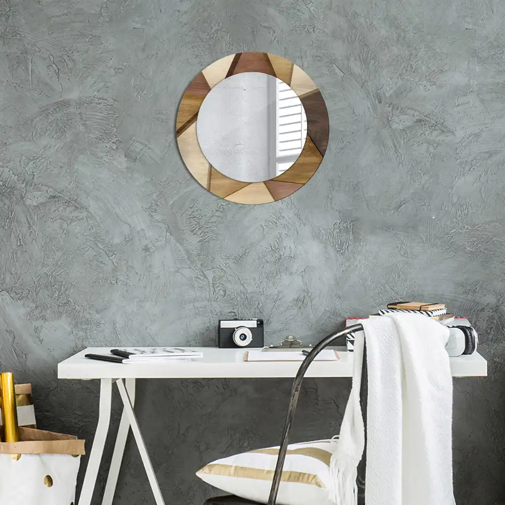 Oglindă rotundă de perete cu decor geometric 3D din lemn