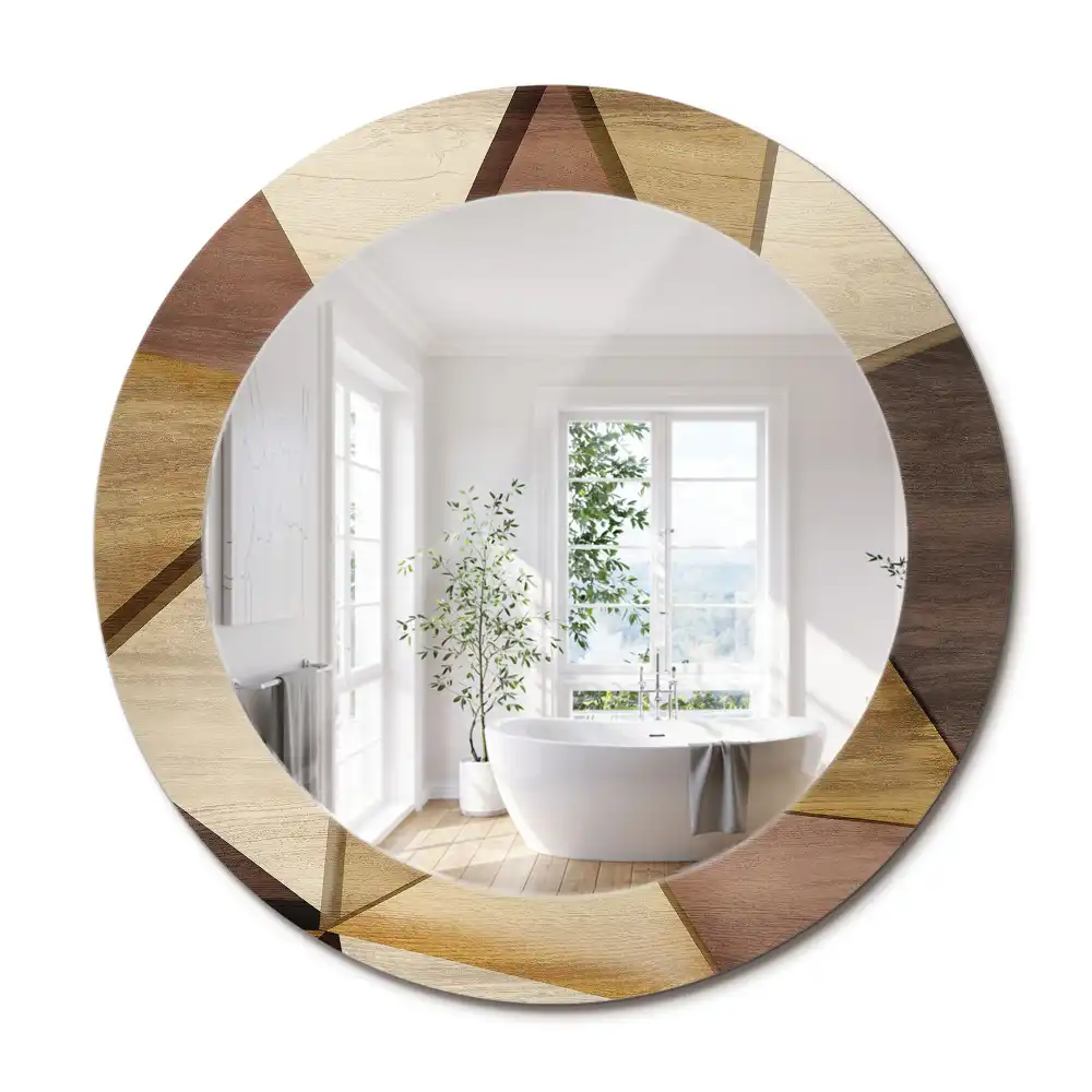 Oglindă rotundă de perete cu decor geometric 3D din lemn