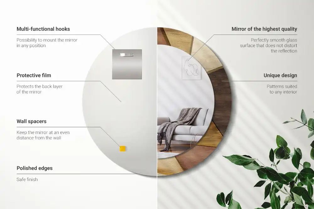 Oglindă rotundă de perete cu decor geometric 3D din lemn