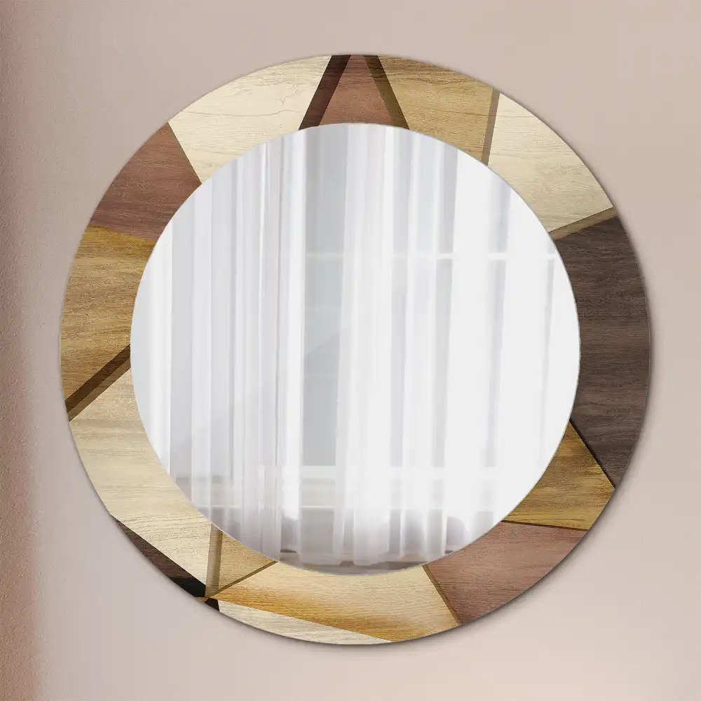 Oglindă rotundă de perete cu decor geometric 3D din lemn