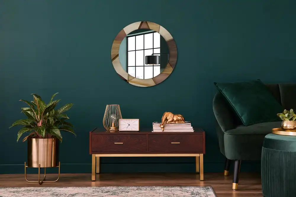 Oglindă rotundă de perete cu decor geometric 3D din lemn