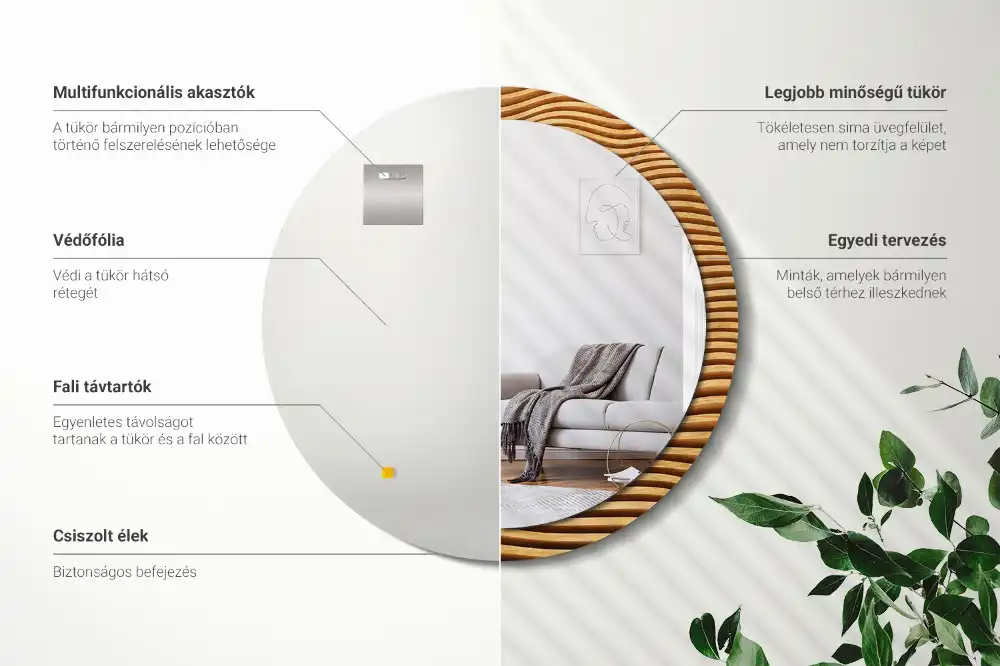 Oglindă rotundă cu ramă cu imprimeu aspect lemn