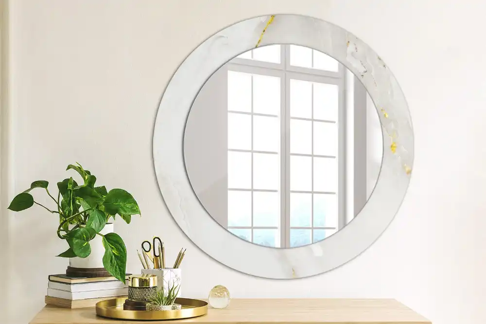 Oglindă rotundă decorativă cu aspect de marmură lucioasă
