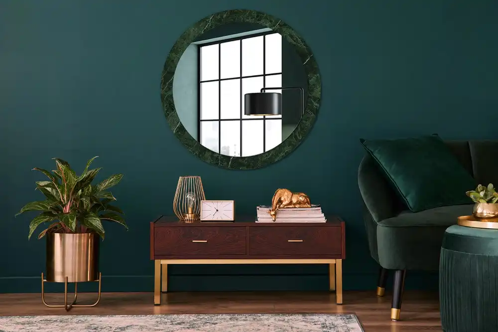 Oglindă decorativă rotundă cu ramă din marmură verde
