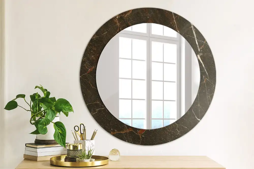 Oglindă rotundă decorativă de perete cu aspect de marmură maro