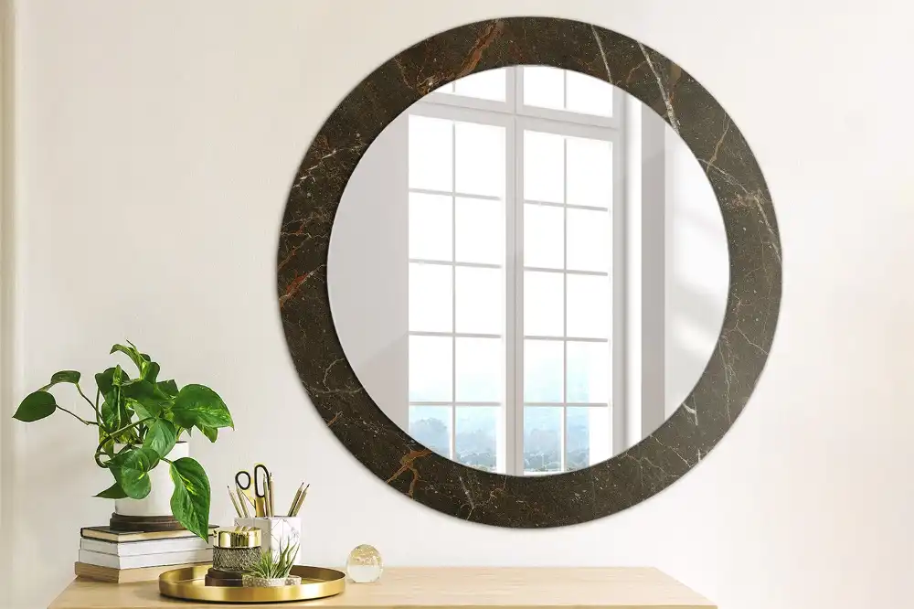 Oglindă rotundă decorativă de perete cu aspect de marmură maro
