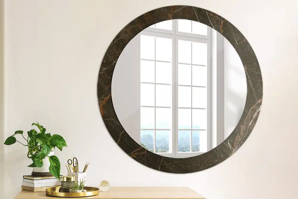 Oglindă rotundă decorativă de perete cu aspect de marmură maro
