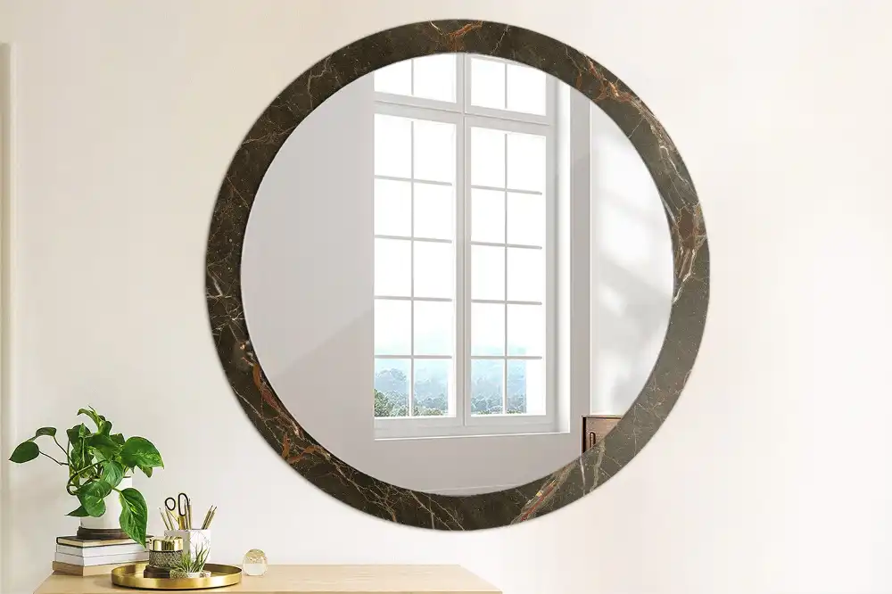 Oglindă rotundă decorativă de perete cu aspect de marmură maro