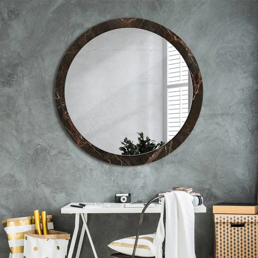 Oglindă rotundă decorativă de perete cu aspect de marmură maro