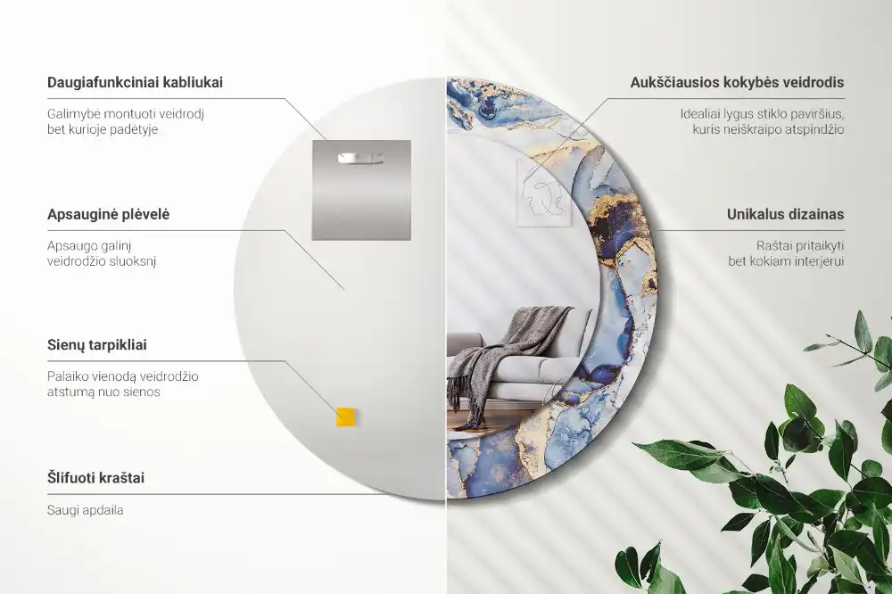 Oglindă rotundă decorativă cu artă abstractă pentru perete