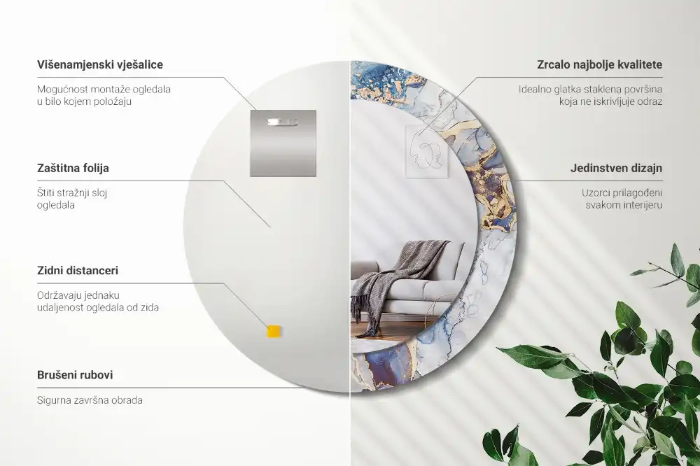 Oglindă rotundă decorativă cu artă abstractă pentru perete