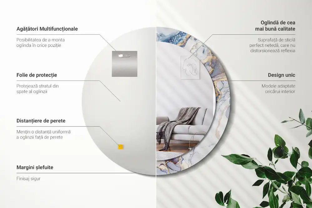 Oglindă rotundă decorativă cu artă abstractă pentru perete