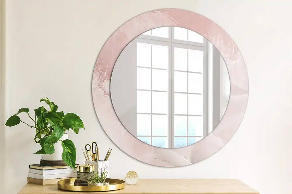 Oglindă rotundă decorativă de perete cu aspect de piatră roz