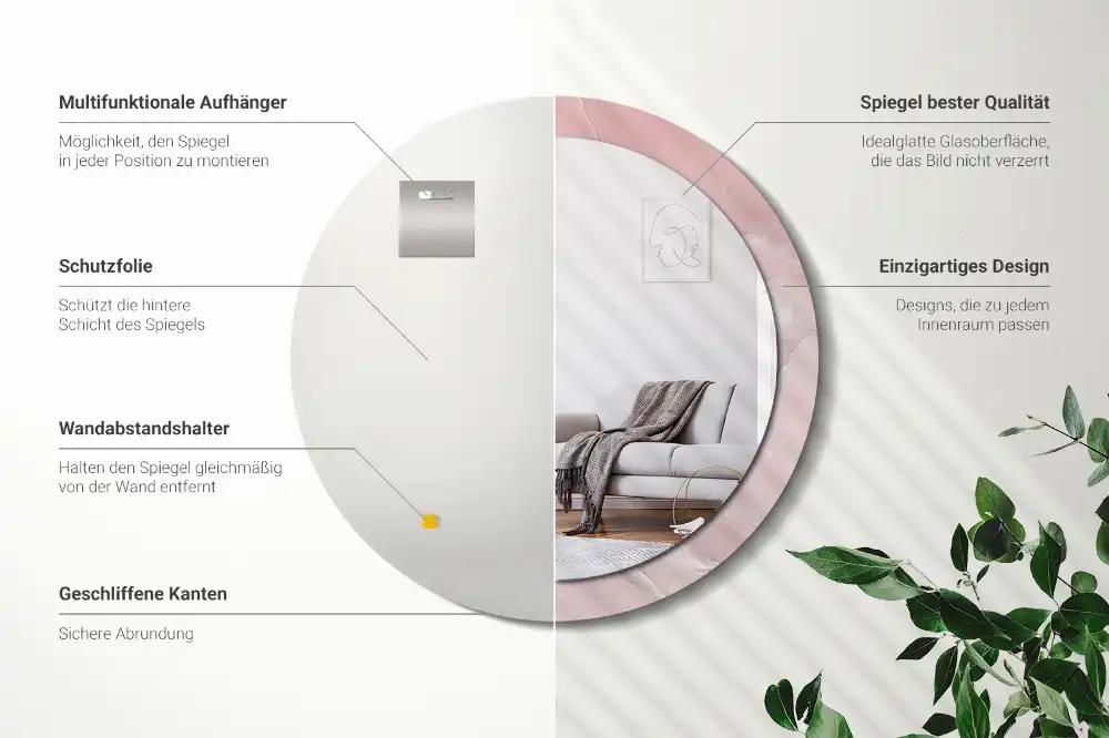 Oglindă rotundă decorativă de perete cu aspect de piatră roz