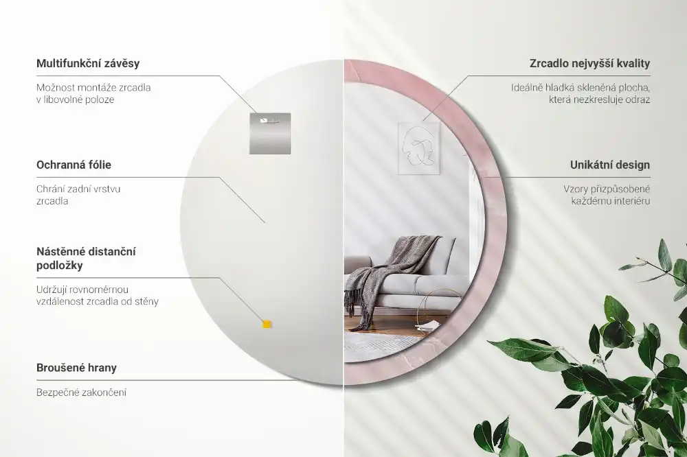 Oglindă rotundă decorativă de perete cu aspect de piatră roz