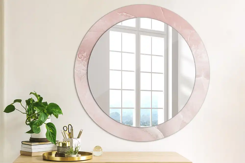 Oglindă rotundă decorativă de perete cu aspect de piatră roz
