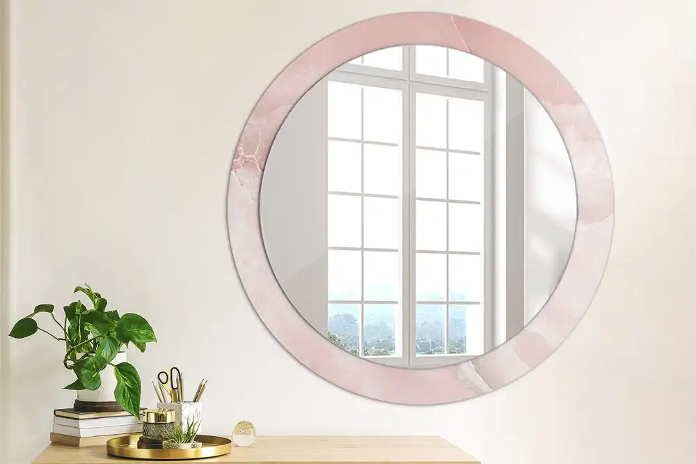 Oglindă rotundă decorativă de perete cu aspect de piatră roz