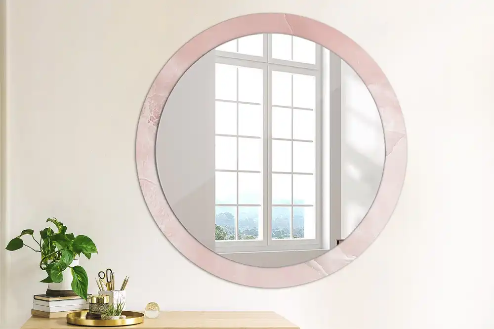Oglindă rotundă decorativă de perete cu aspect de piatră roz