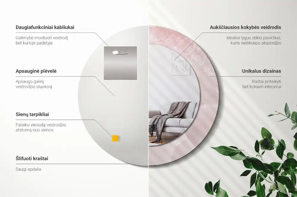 Oglindă rotundă decorativă de perete cu aspect de piatră roz