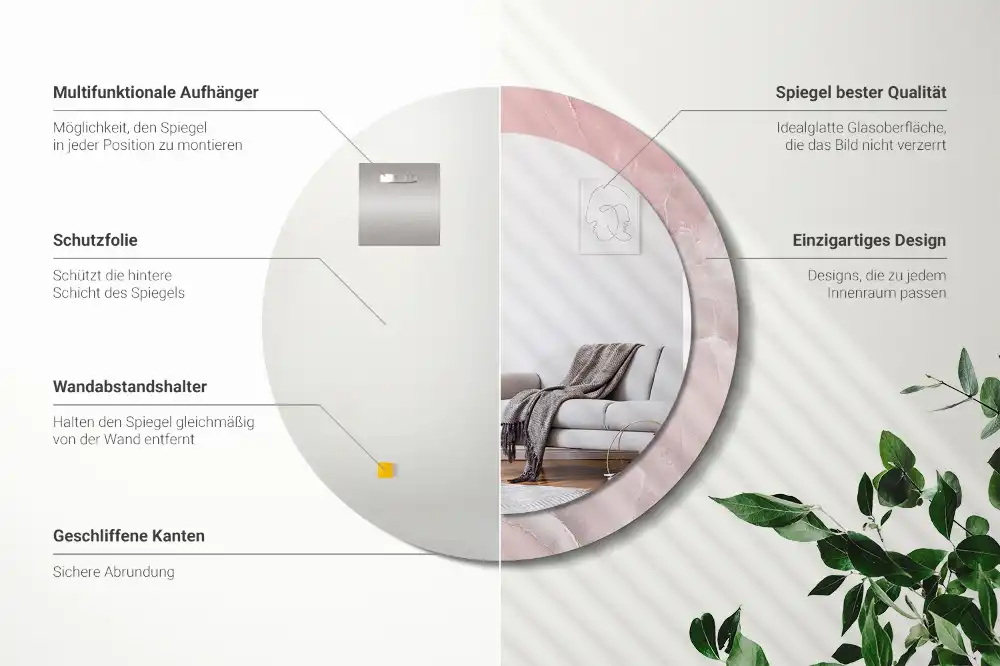 Oglindă rotundă decorativă de perete cu aspect de piatră roz